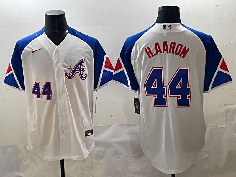 Men 2025 Atlanta Braves #44 H.Aaron White blue City Edition Nike MLB Jersey style 1